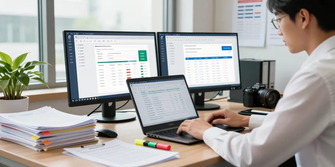 Document fraud detection analyst examining digital documents with high-tech verification tools in a modern office.
