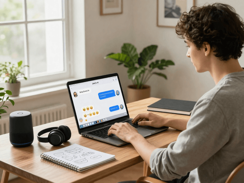 Juicy Chat AI interaction in a stylish home office with vibrant chat bubbles and tech gadgets