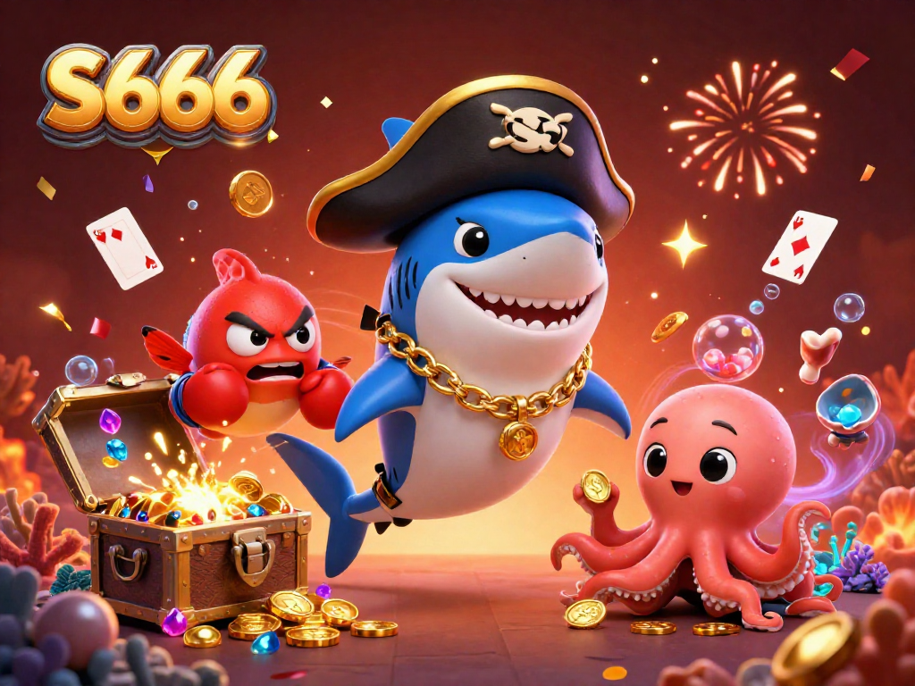 S666 casino scene featuring a pirate shark, pufferfish, and octopus in a rich underwater setting.