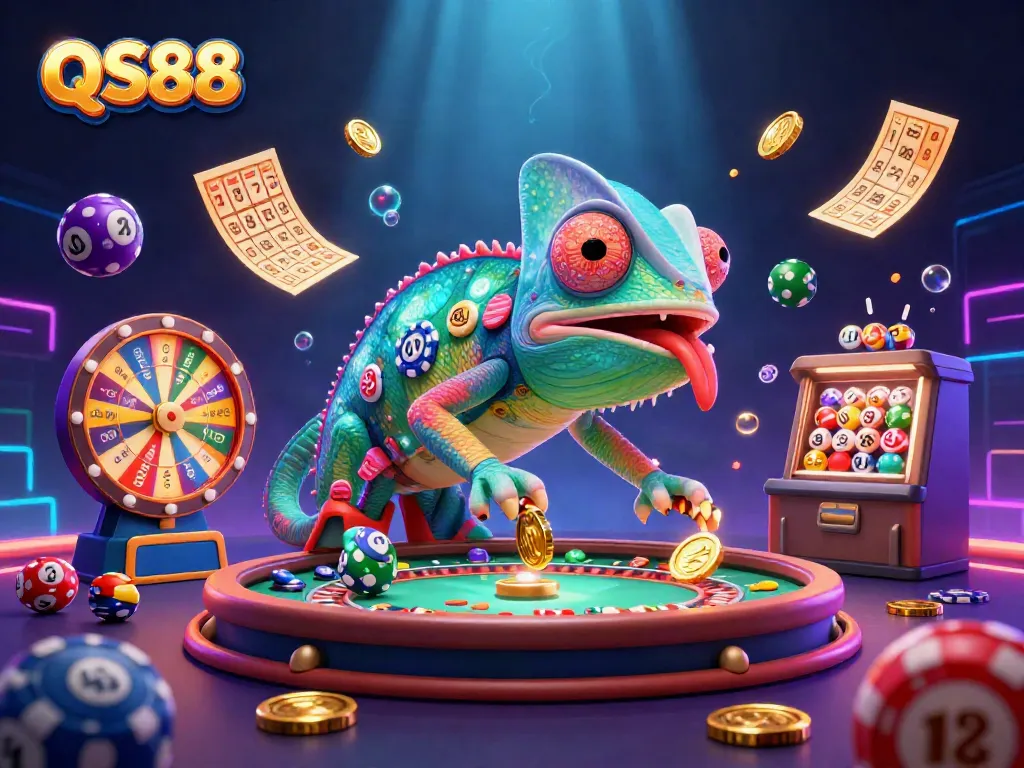 Engage with QS88 gaming magic where the chameleon captures coins in a vibrant casino scene.