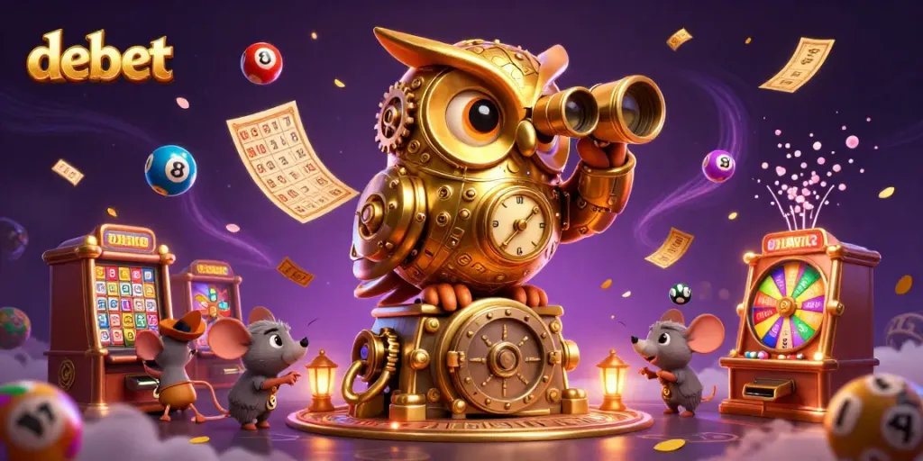 Experience the excitement of debet with a golden owl scanning a vibrant casino floor.