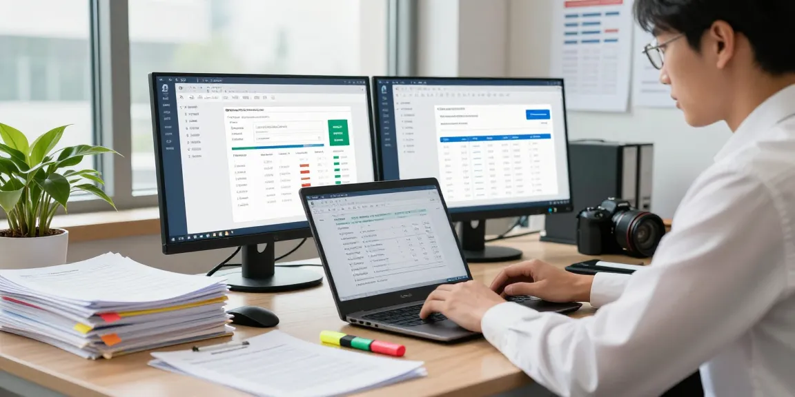 Document fraud detection analyst examining digital documents with high-tech verification tools in a modern office.