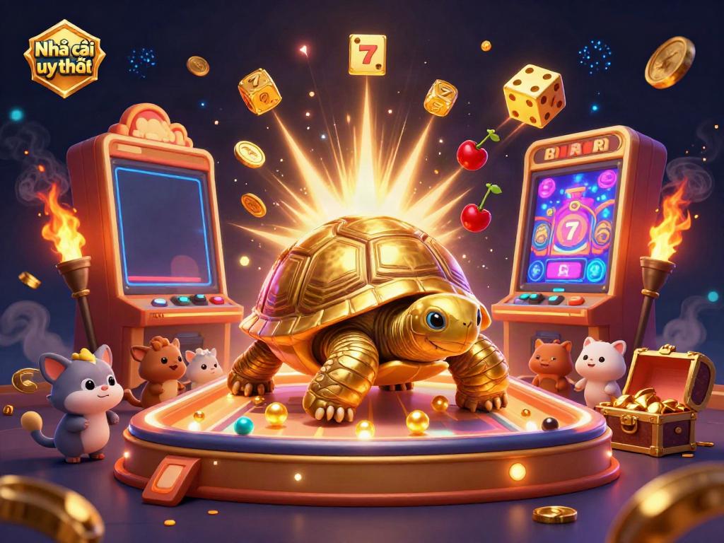 Experience the excitement of Nhà cái uy tín with a golden tortoise pinball machine and slot machine jackpot.