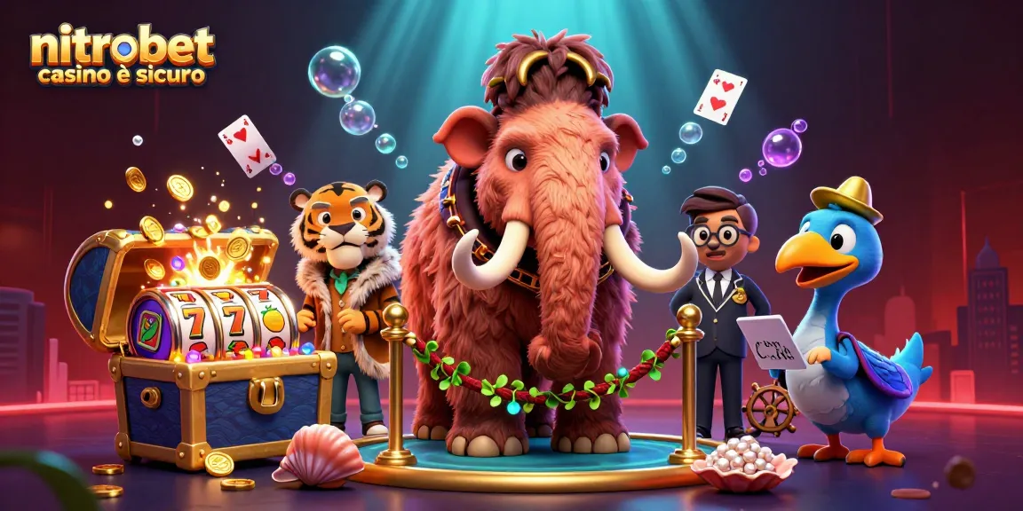 nitrobet casino è sicuro: mammut bouncer e VIP tigre all'ingresso del casinò con elementi di gioco circolanti