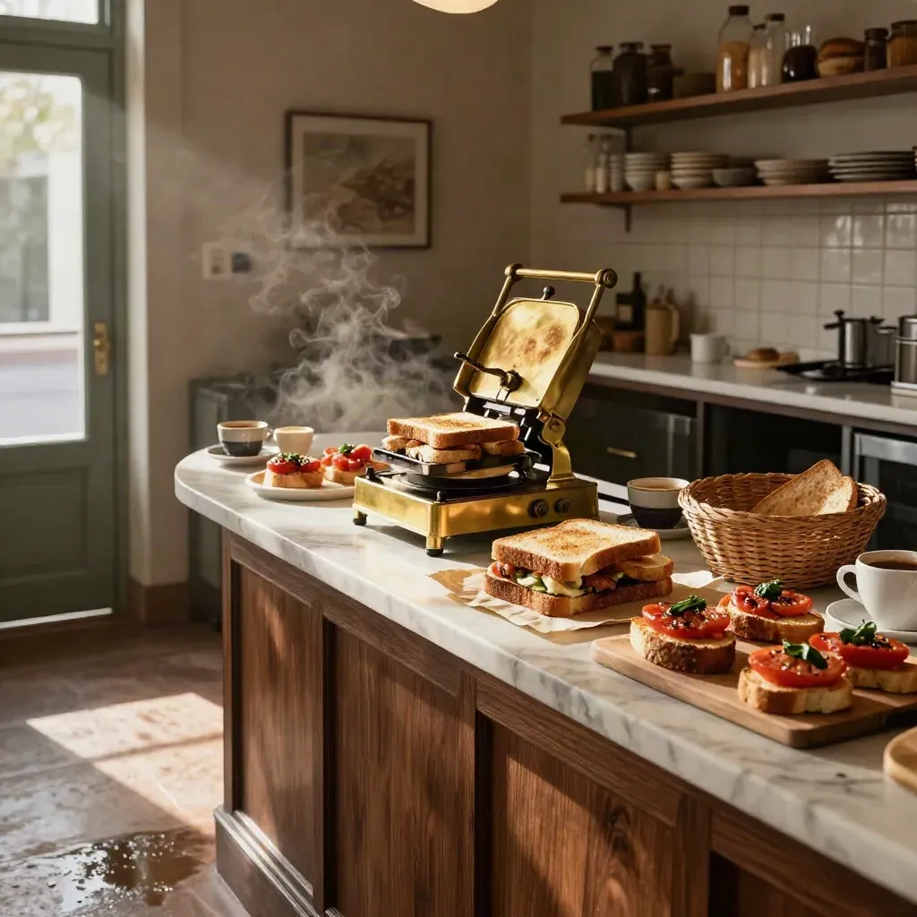 Interno di toast gourmet con panini tostati, bruschette e caffè in luce cinematografica.