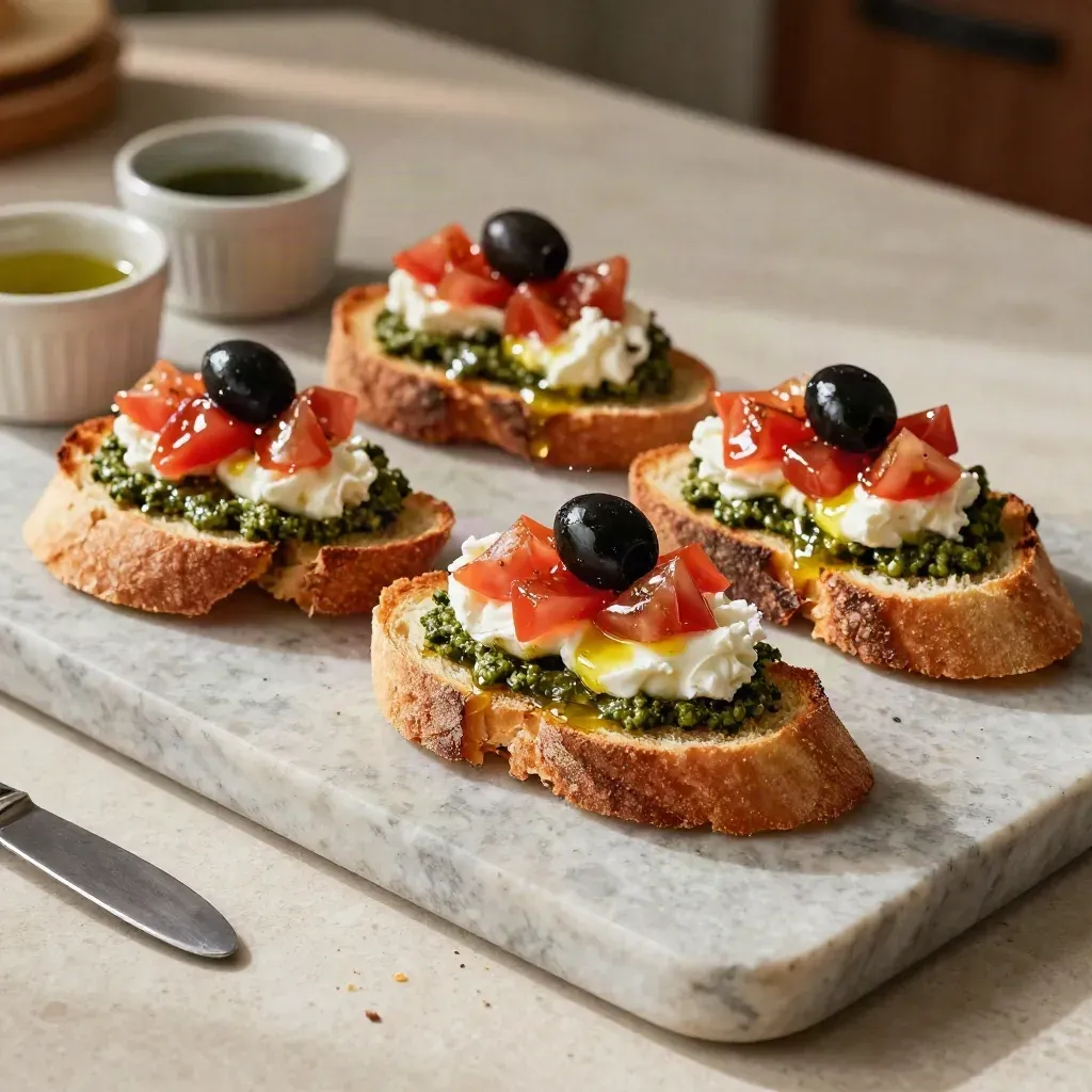 Bruschette miste su pietra con pomodoro, pesto, ricotta e olio d'oliva.