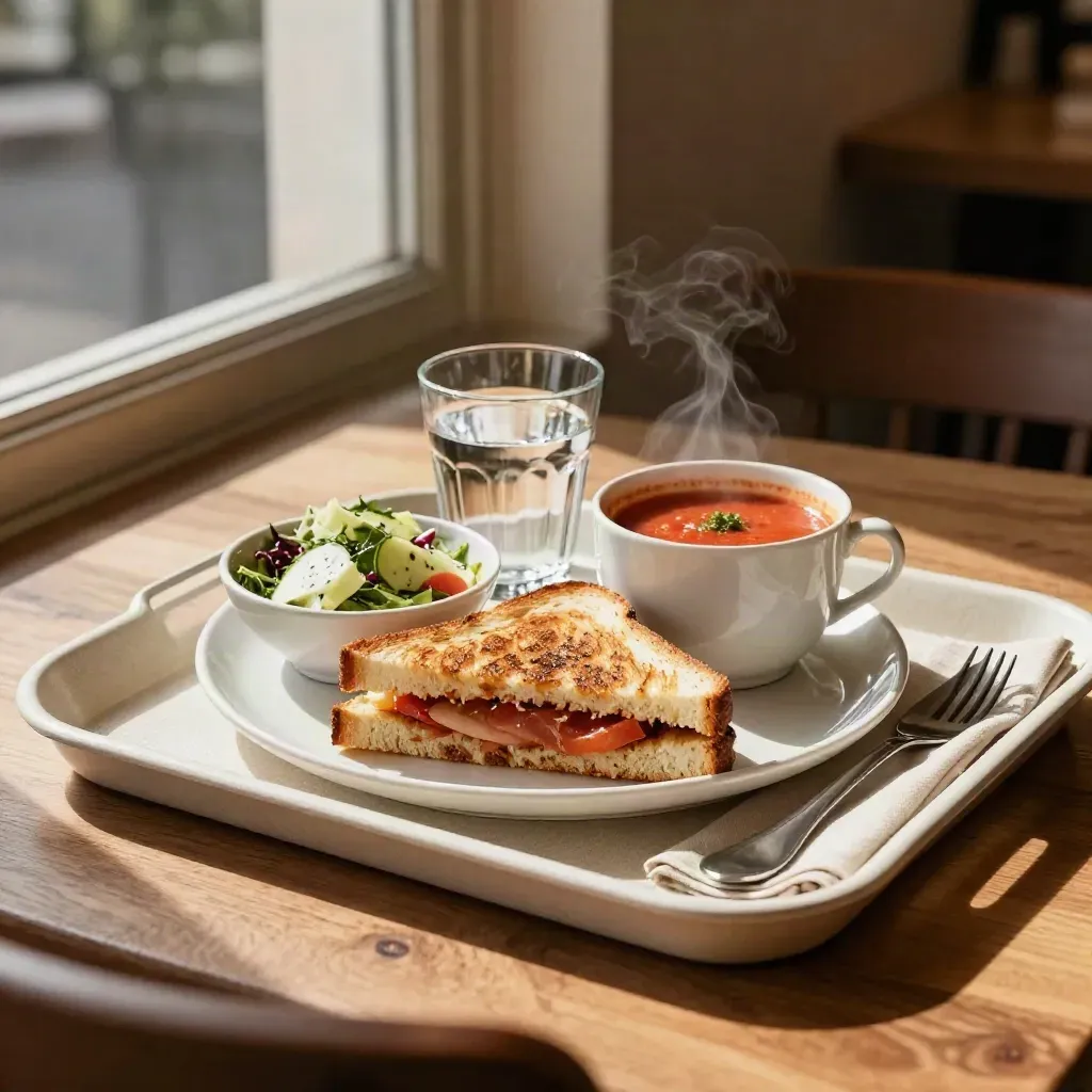 Vassoio con toast, insalata, zuppa e acqua su tavolo luminoso, atmosfera calda.