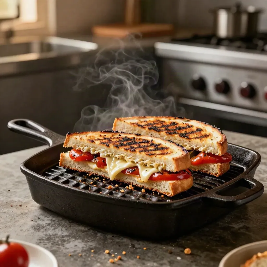 Panini alla piastra sotto pressa, con formaggio fuso e peperoni arrostiti su griglia.