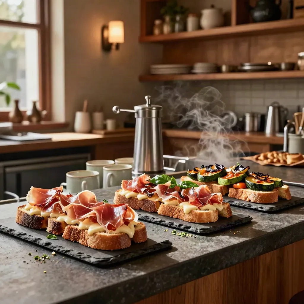 Toast gourmet su lavagne d’ardesia con prosciutto, formaggio fuso e verdure arrostite al bancone.