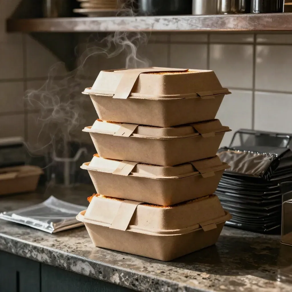 Scatole takeaway calde con toast fumante su un bancone di pietra