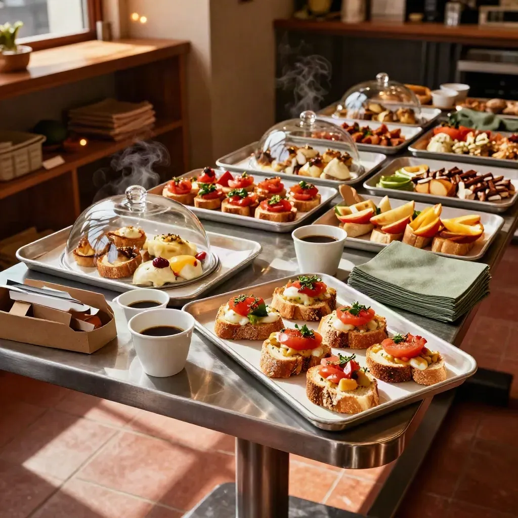 Vassoi catering con mini toast, bruschette, frutta e caffè su tavolo di servizio