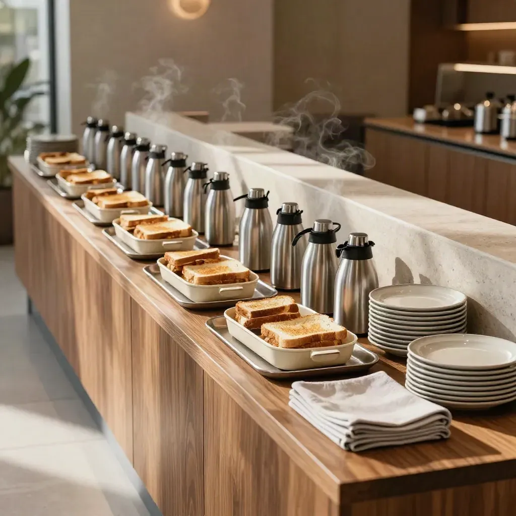 Sideboard catering con toast, lunch box e caffè pronti in un ufficio luminoso.