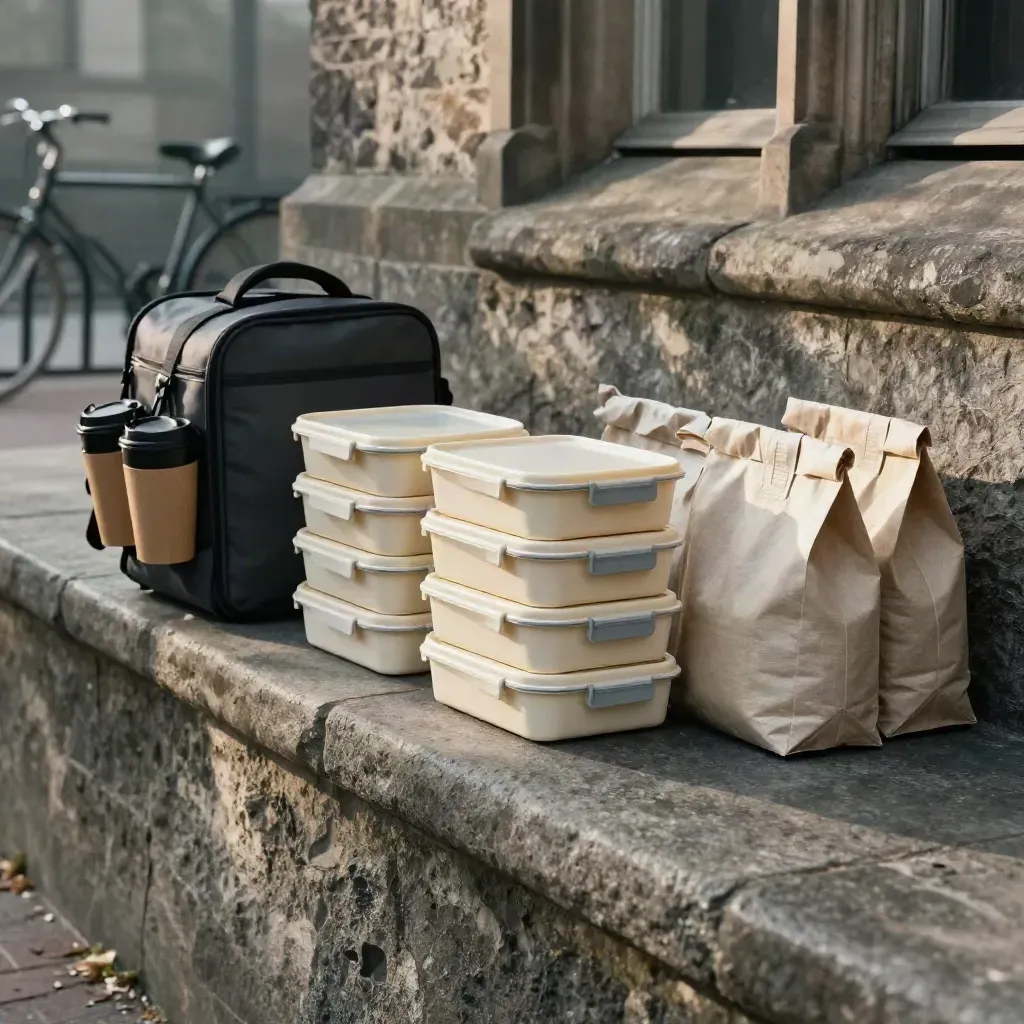 Box pranzo e caffè pronti su un muretto di pietra vicino al campus.