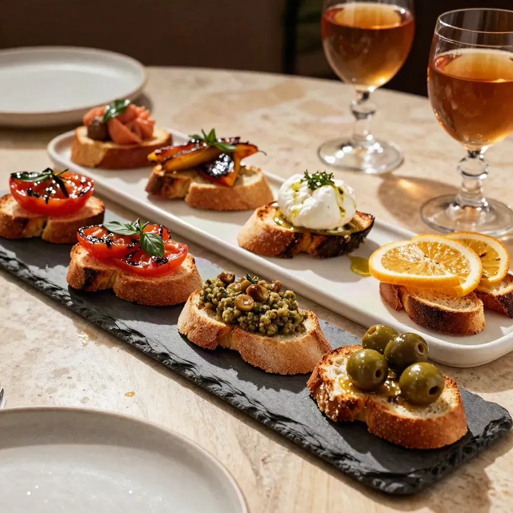 Tavolo da aperitivo con bruschette assortite, olive, agrumi e calici ambrati.