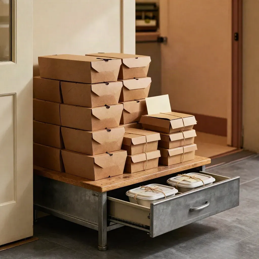 Scaffale takeaway con box pronti e caffè vicino alla porta di servizio, luce cinematografica