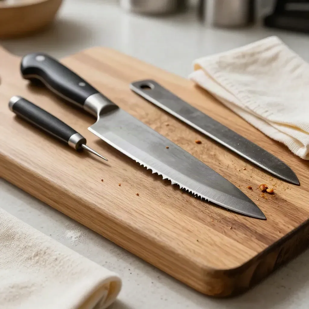 Coltello, coltello seghettato, spatola e acciaino su asse di acero con briciole e farina.