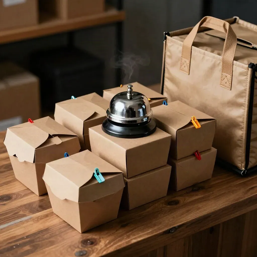 Campanello ordini con scatole takeaway, clip colorate e borsa delivery su banco in legno.