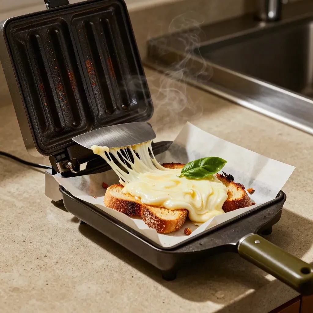 Pressa toast, mozzarella filante e spatola su banco di cucina, luce calda e vapore.