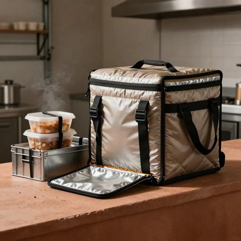 Borsa termica per consegne, contenitori sigillati e corde elastiche su un piano in cemento.
