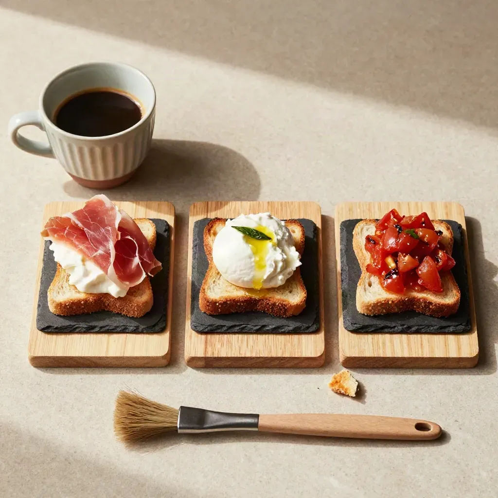 Tre assaggi di toast su tavolette con caffè espresso e spazzolina, visti dall’alto