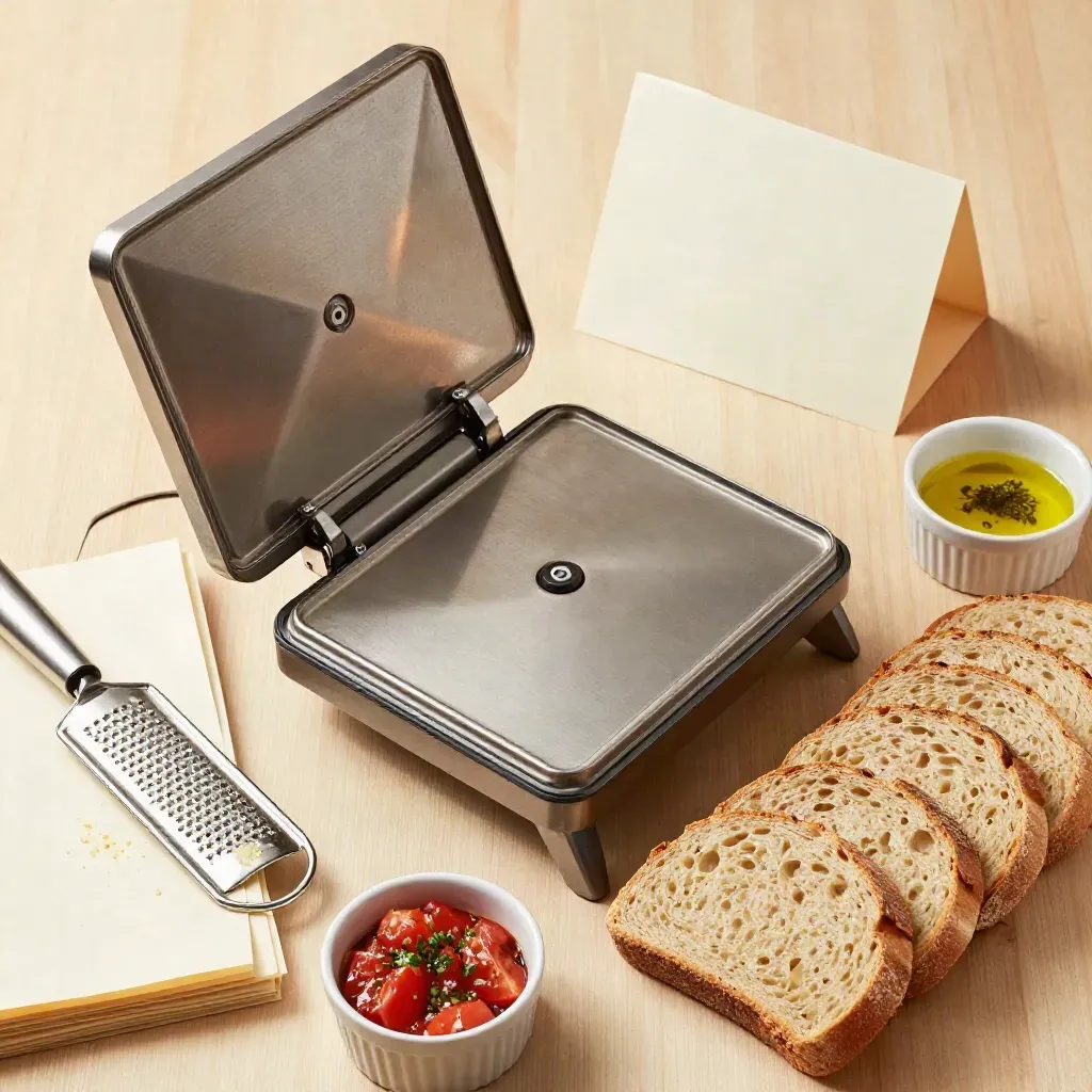 Pressa panini, grattugia, carta da forno e pane su legno chiaro, luce soffusa.