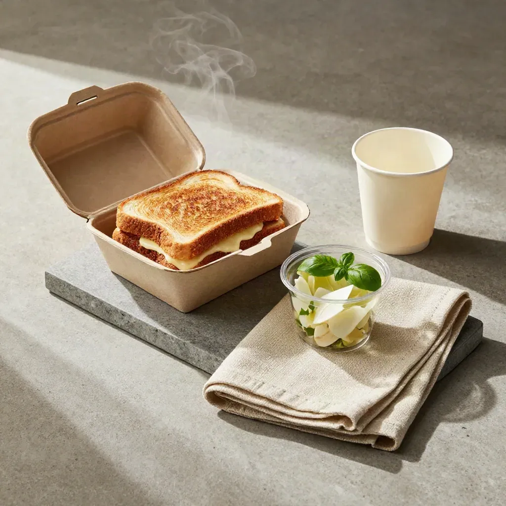 Box da asporto aperto con toast, insalata, caffè e tovagliolo su vassoio in pietra.