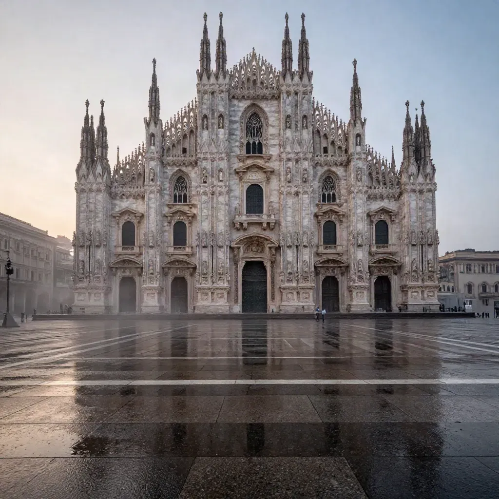 Duomo di Milano all’alba con piazza bagnata e foschia leggera