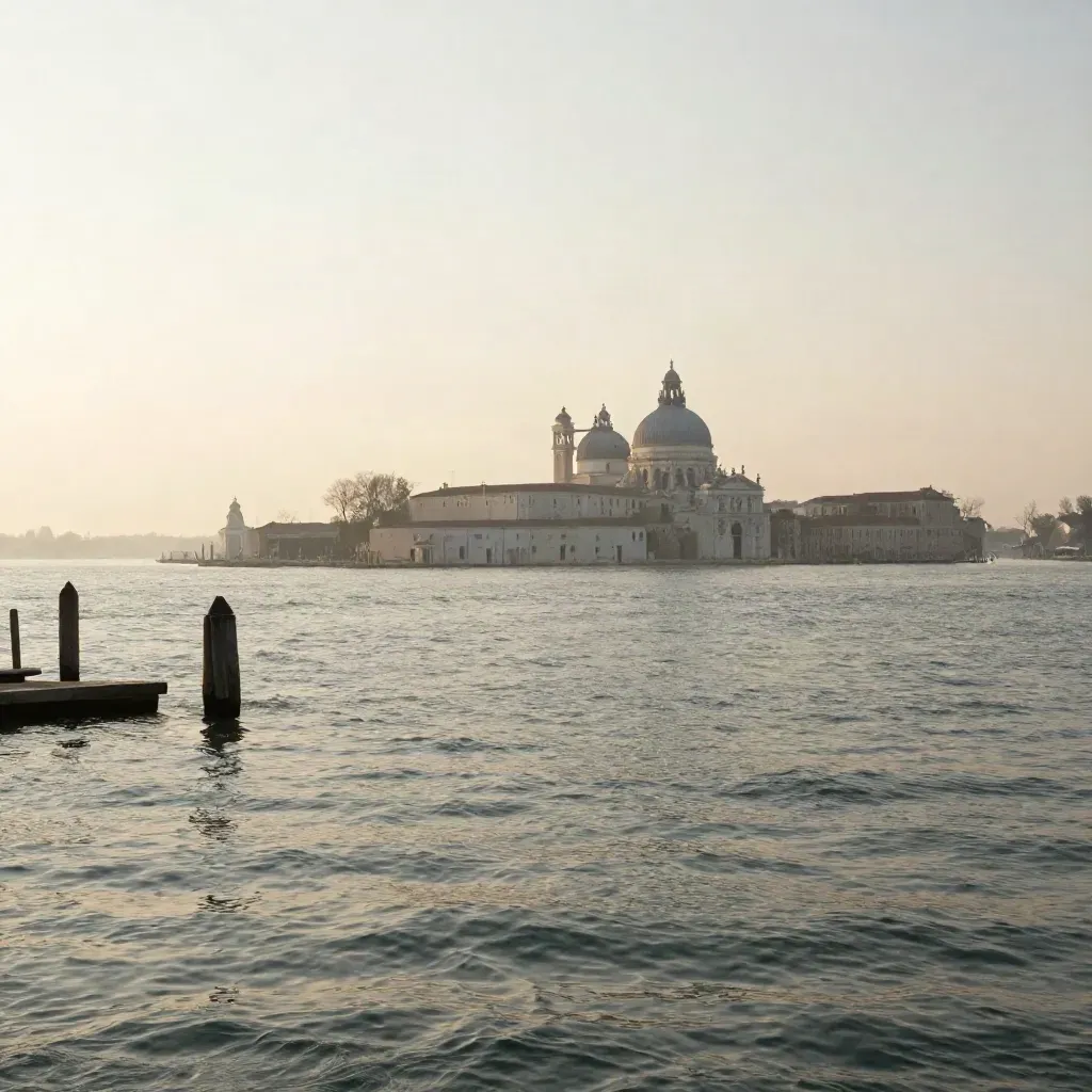 Laguna veneta al tramonto con isola lontana e cupola chiara sopra l’acqua velata