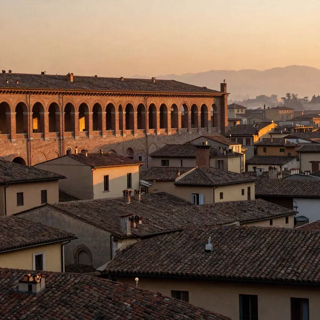 Vista di Bologna al tramonto con portici in terracotta e nebbia calda