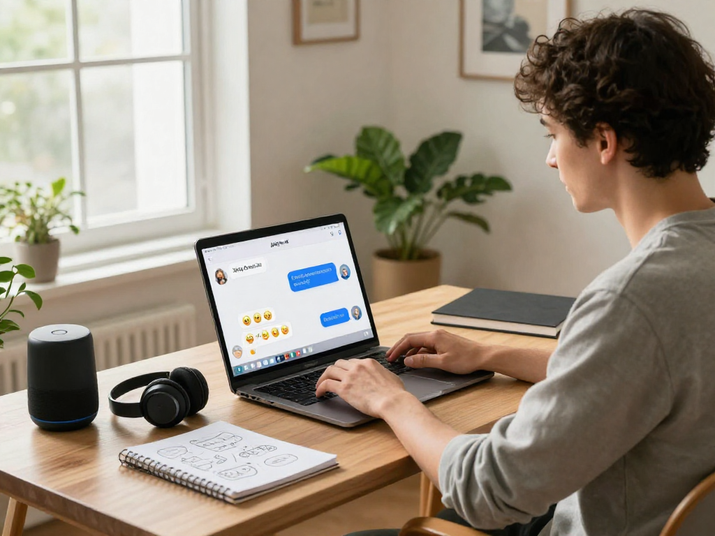 Juicy Chat AI interaction in a stylish home office with vibrant chat bubbles and tech gadgets