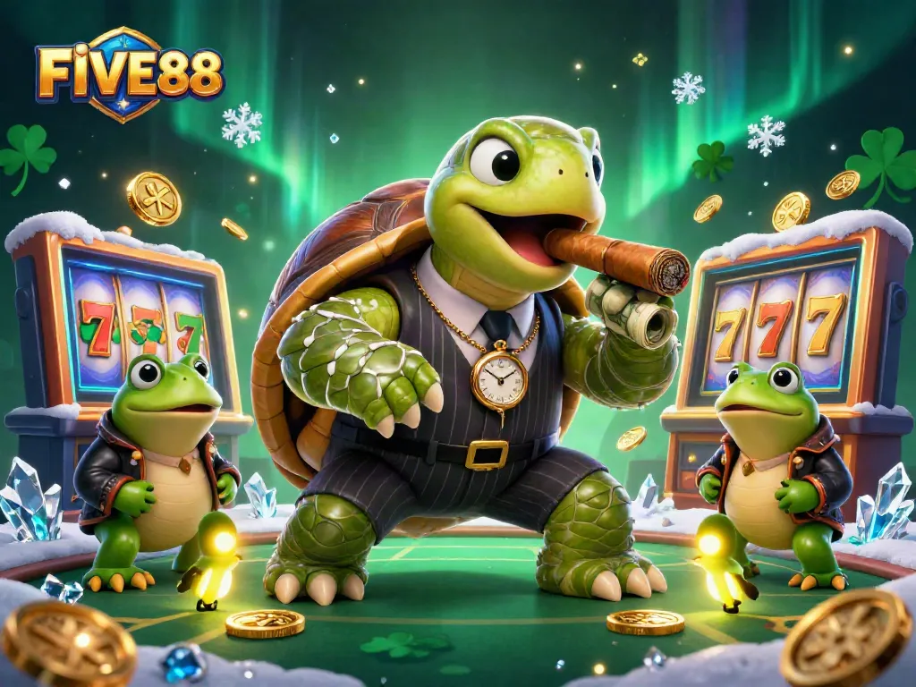 Engaging scene showcasing FIVE88's dynamic online gaming experience with a turtle in mobster attire surrounded by casino visuals.