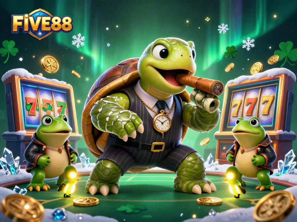 Engaging scene showcasing FIVE88's dynamic online gaming experience with a turtle in mobster attire surrounded by casino visuals.
