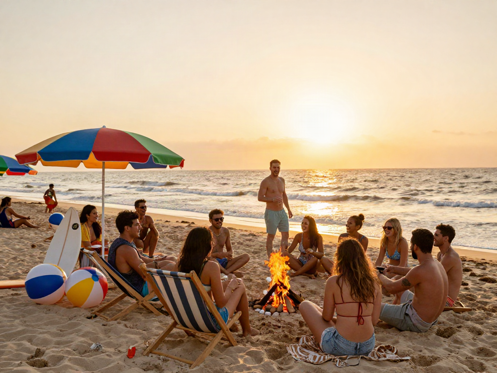Engaging beach party scene showcasing קוקסינליות בבת ים with friends enjoying sunset vibes.