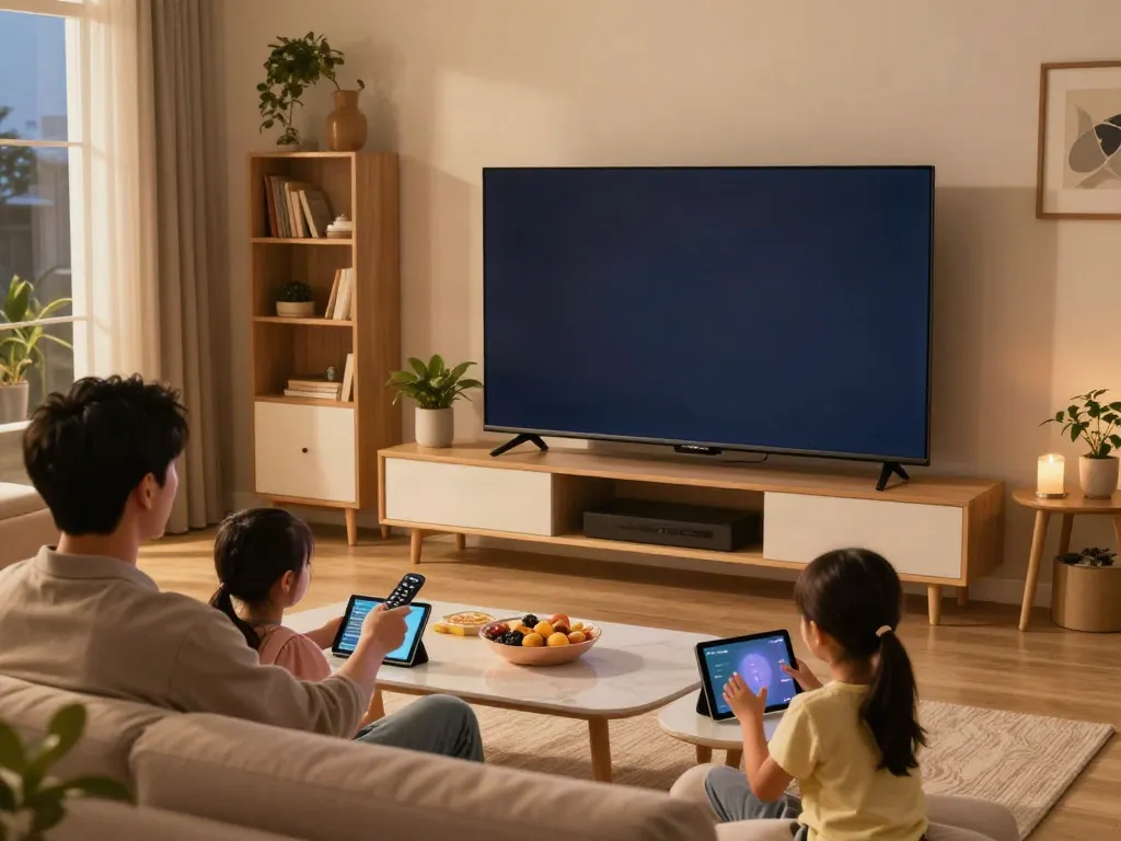 Family enjoying abbonamento IPTV service in a cozy living room.